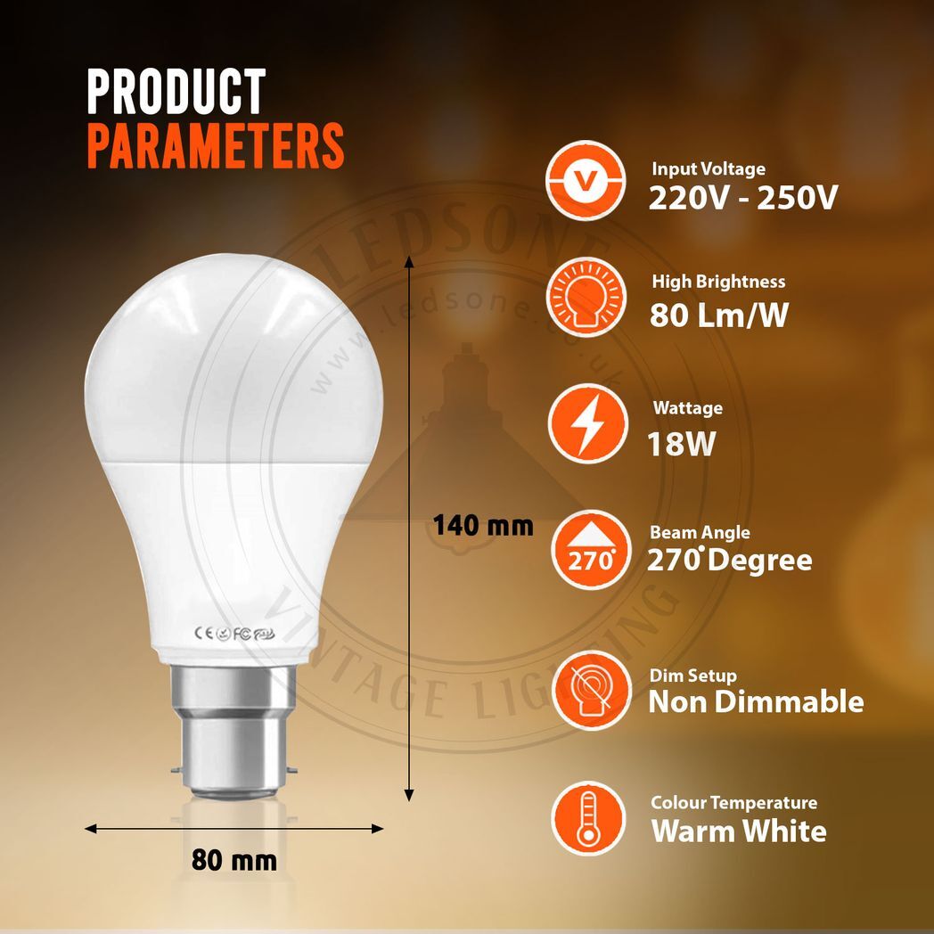 B22 18W Energy Saving Warm White LED Light Bulbs A60 B22 Screw-in non dimmable bulbs-pack 5