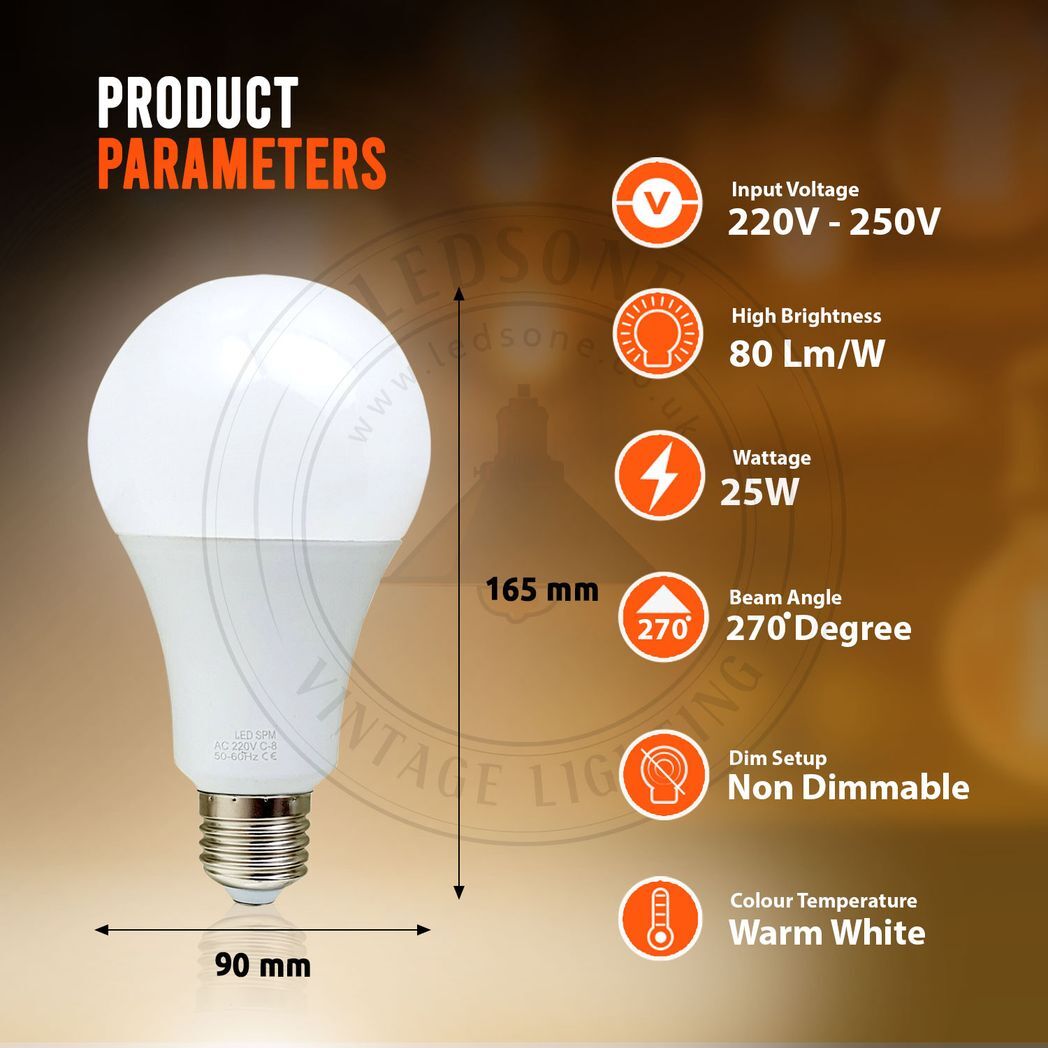 E27 25W Energy Saving Warm White LED Light Bulbs A60 E27 Screw-in non dimmable bulbs-pack 10