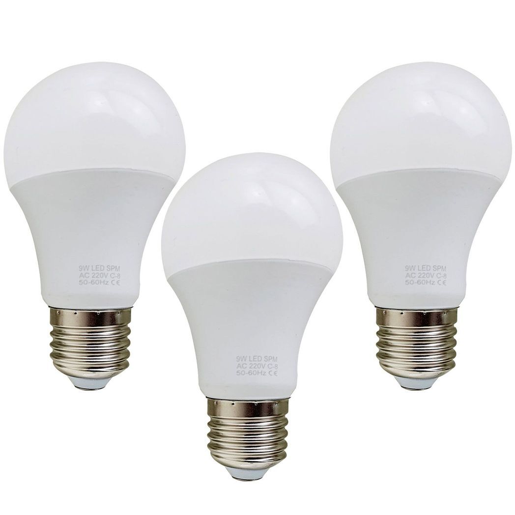 E27 9W Energy Saving Warm White LED Light Bulbs A60 E27 Screw-in non dimmable bulbs-pack 3
