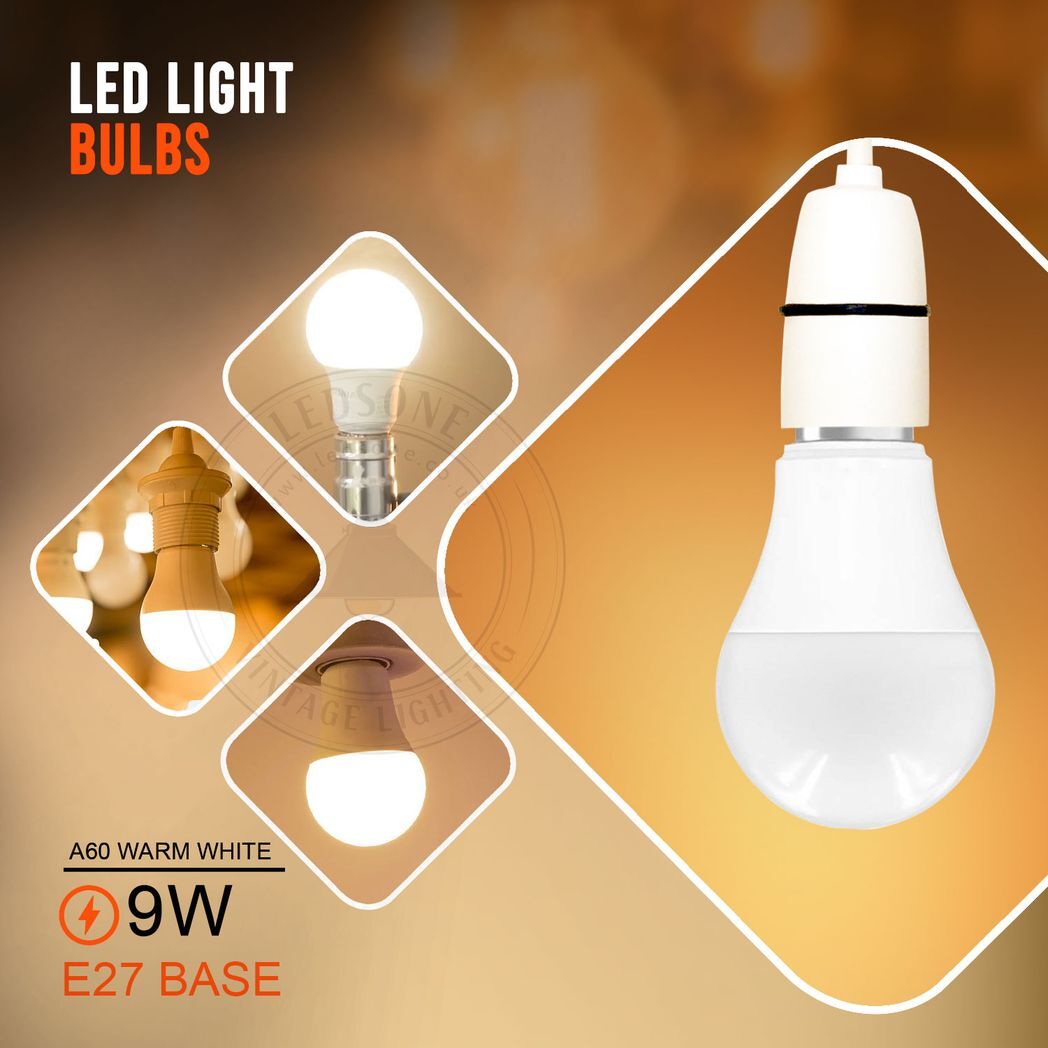E27 9W Energy Saving Warm White LED Light Bulbs A60 E27 Screw-in non dimmable bulbs-pack 10