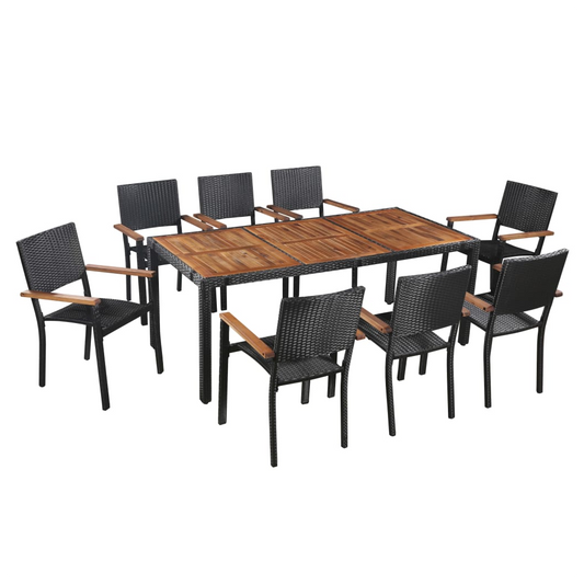 9 Piece Outdoor Dining Set Poly Rattan and Acacia Wood Black