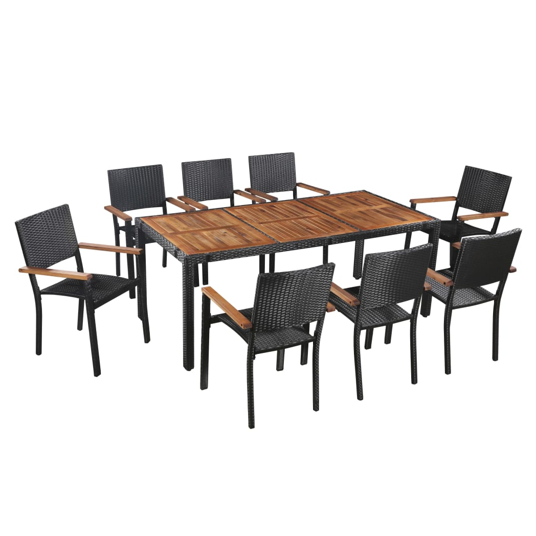 9 Piece Outdoor Dining Set Poly Rattan and Acacia Wood Black