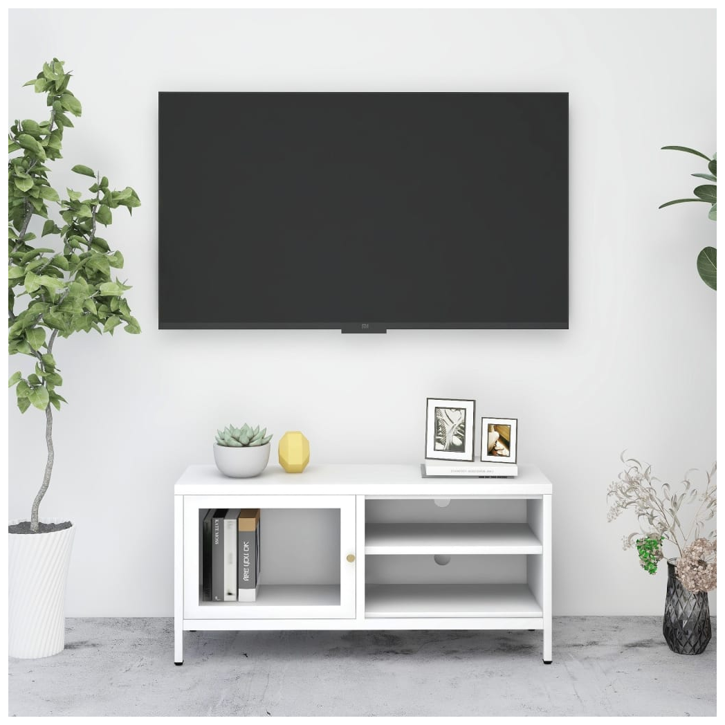 TV Cabinet White 90x30x44 cm Steel and Glass
