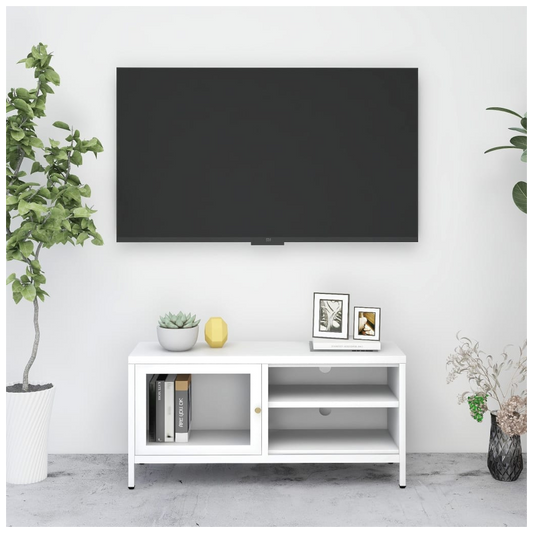 TV Cabinet White 90x30x44 cm Steel and Glass