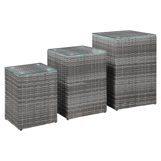 Side Tables 3 pcs with Glass Top Grey Poly Rattan