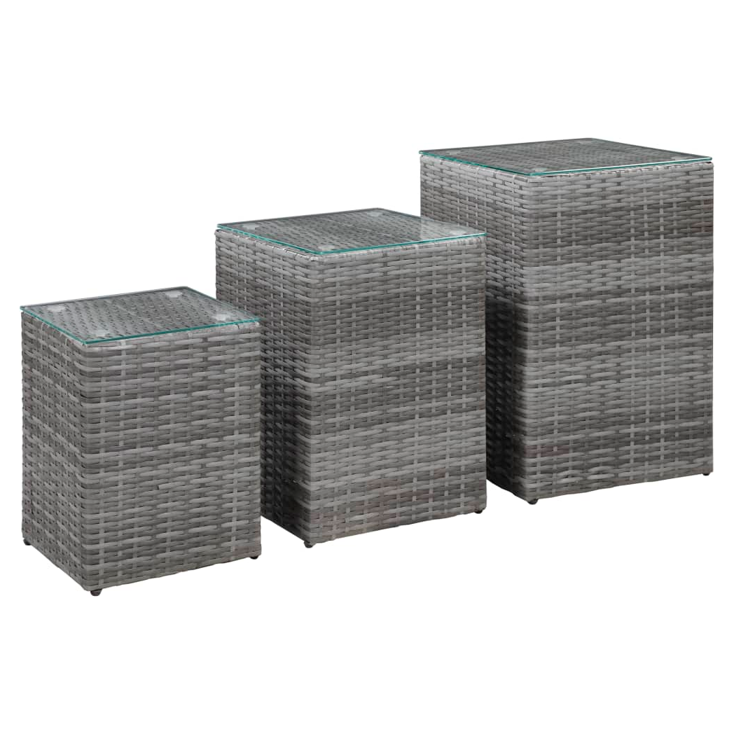 Side Tables 3 pcs with Glass Top Grey Poly Rattan