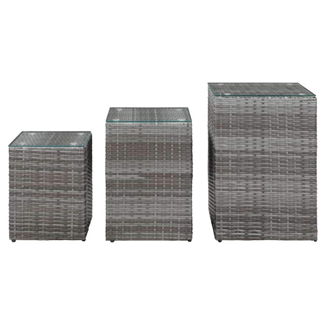 Side Tables 3 pcs with Glass Top Grey Poly Rattan