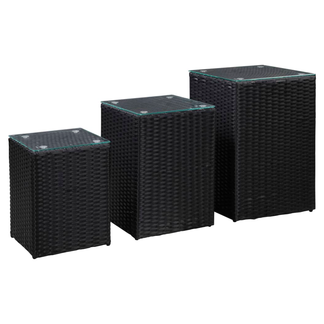 Side Tables 3 pcs with Glass Top Black Poly Rattan