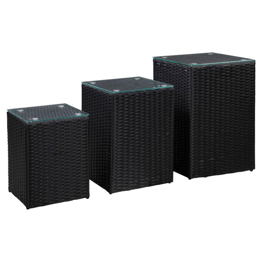 Side Tables 3 pcs with Glass Top Black Poly Rattan