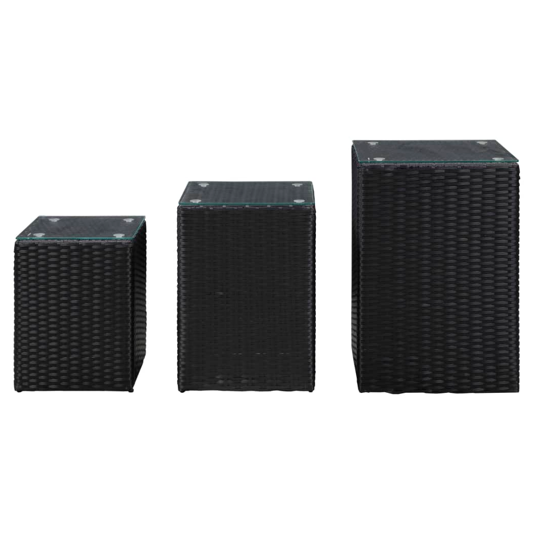 Side Tables 3 pcs with Glass Top Black Poly Rattan