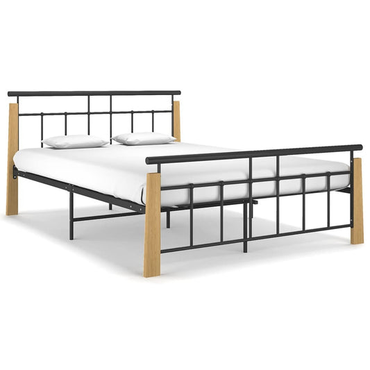 Bed Frame Metal and Solid Oak Wood 140x200 cm