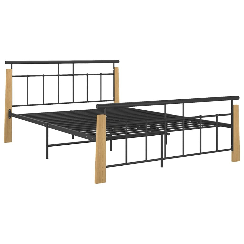 Bed Frame Metal and Solid Oak Wood 140x200 cm