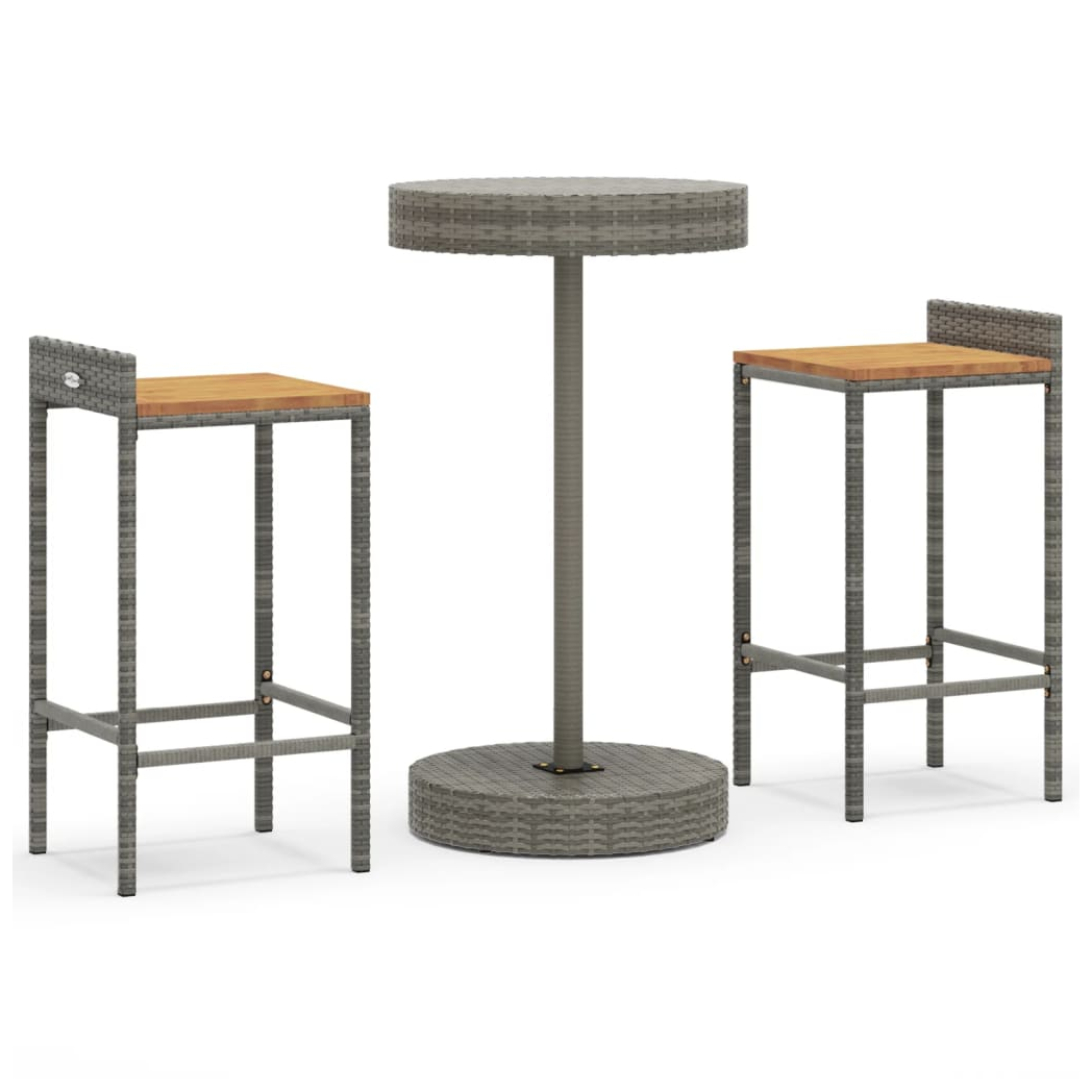 3 Piece Garden Bar Set Grey Poly Rattan&Solid Wood Acacia