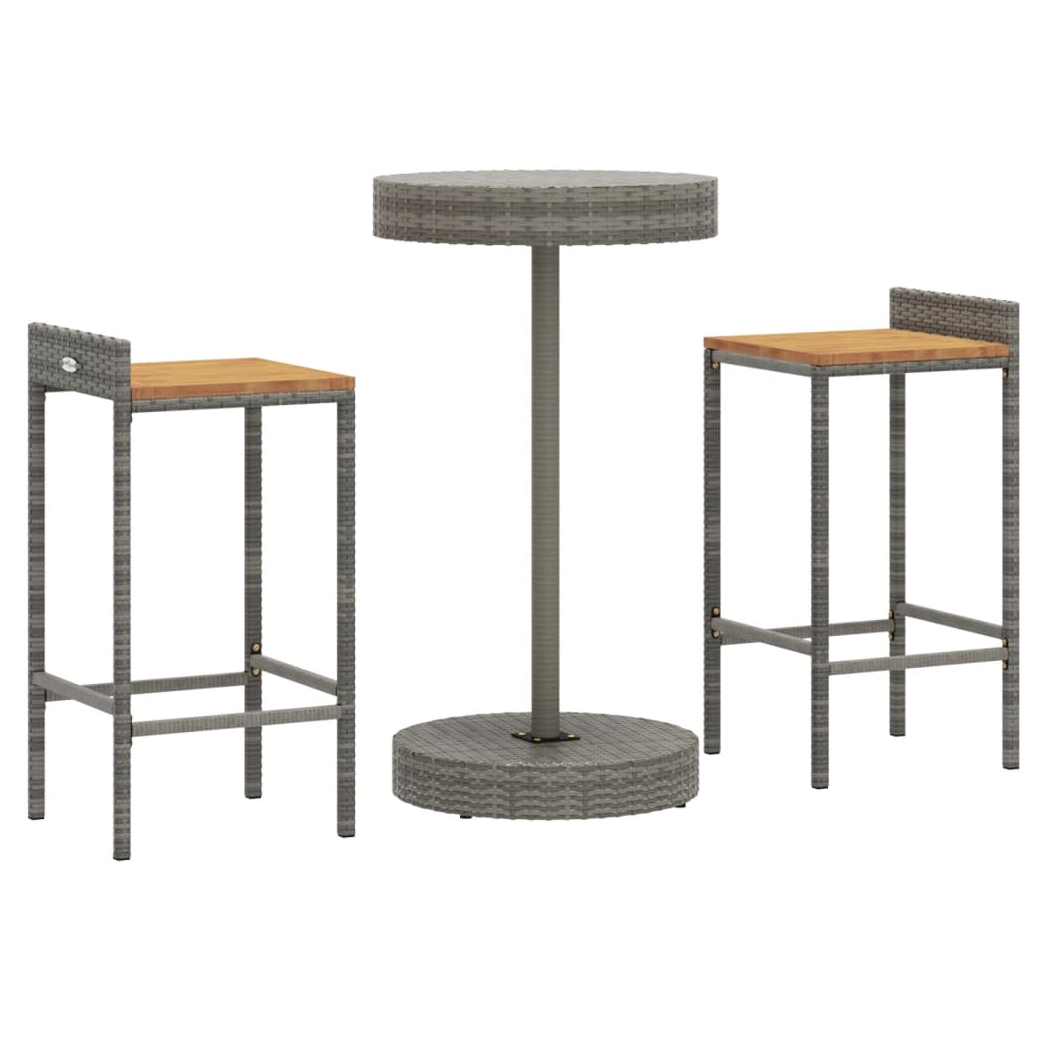 3 Piece Garden Bar Set Grey Poly Rattan&Solid Wood Acacia