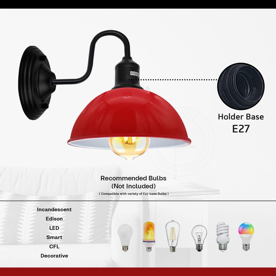 2 Pack Modern Industrial Red Swan Neck Metal Arm E27 Wall Light Set Fixture