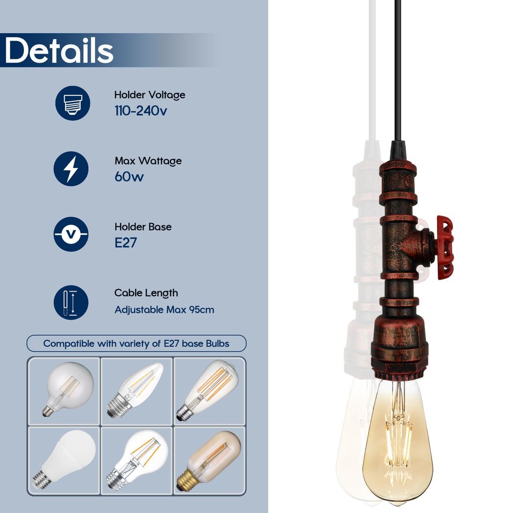 Vintage industrial Rustic Red metal pendant pipe light E27 adjustable cable