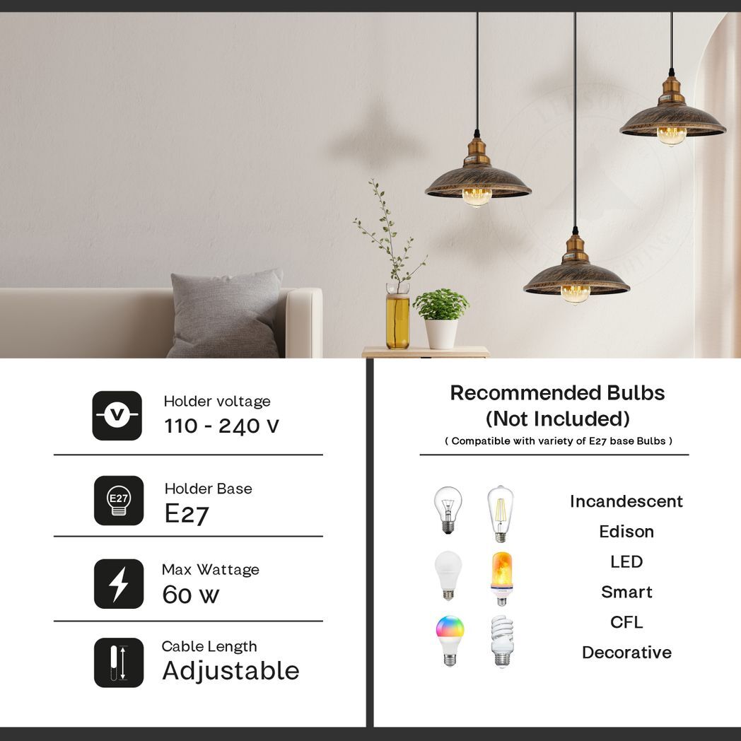 Industrial Vintage Kitchen Lights Chandelier Metal Shade Hanging E27 Pendant