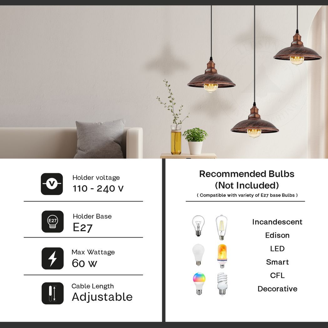 Industrial Vintage Kitchen Lights Chandelier Metal Shade Hanging E27 Pendant