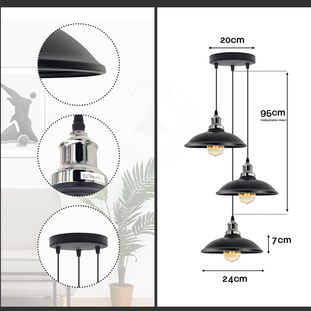 3 Head Vintage Industrial Black E27 Hanging Light Metal Pendant Lamp
