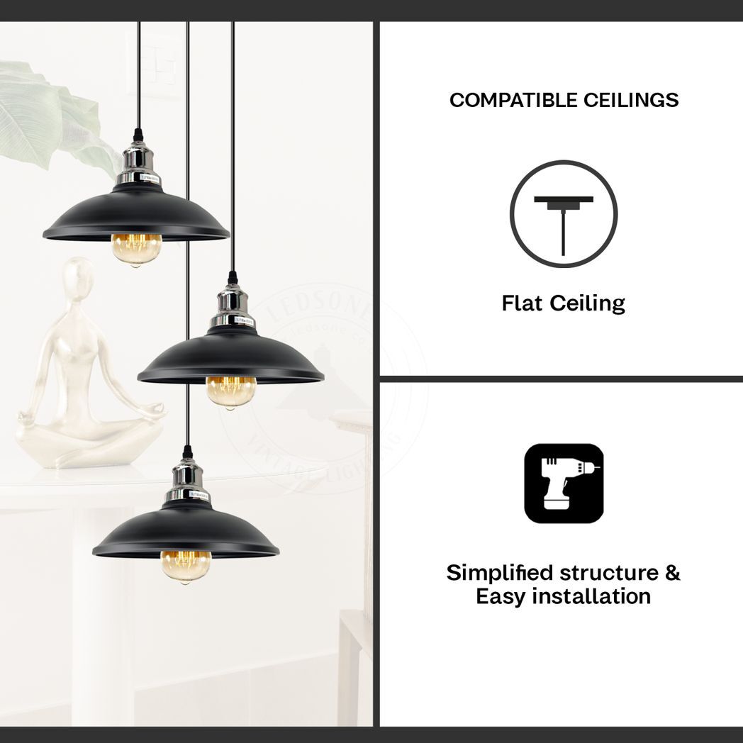 3 Head Vintage Industrial Black E27 Hanging Light Metal Pendant Lamp