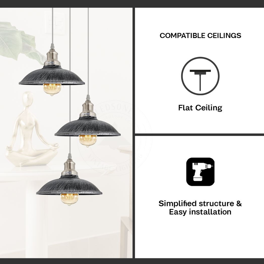 3 Head Vintage Industrial Brushed silver E27 Hanging Light Metal Pendant Lamp