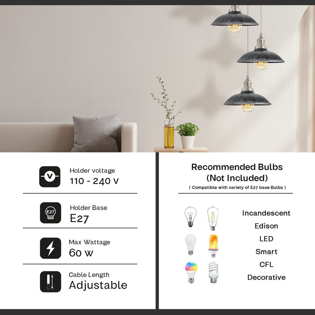 4 Head Vintage Industrial Brushed silver E27 Hanging Light Metal Pendant Lamp