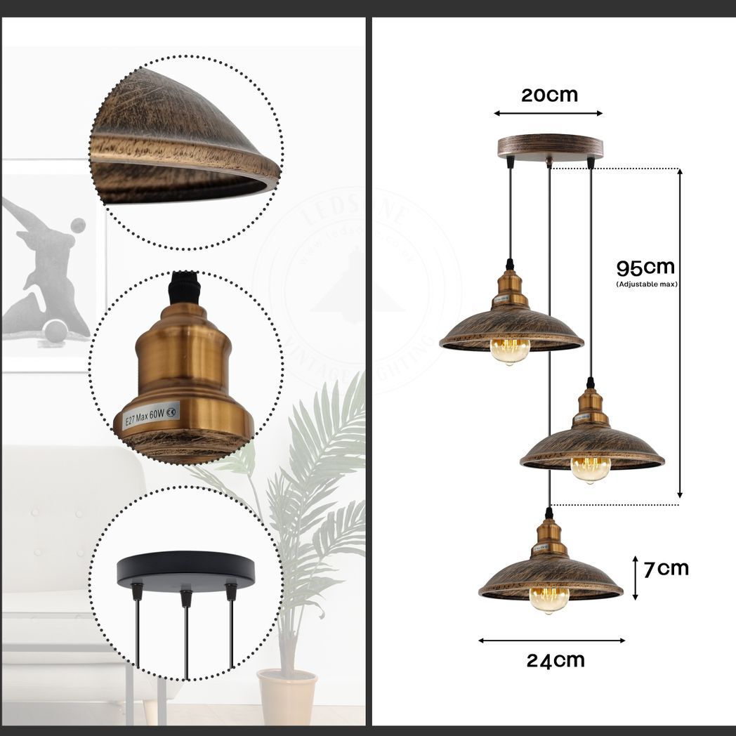 3 Head Vintage Industrial Brushed copper E27 Hanging Light Metal Pendant Lamp