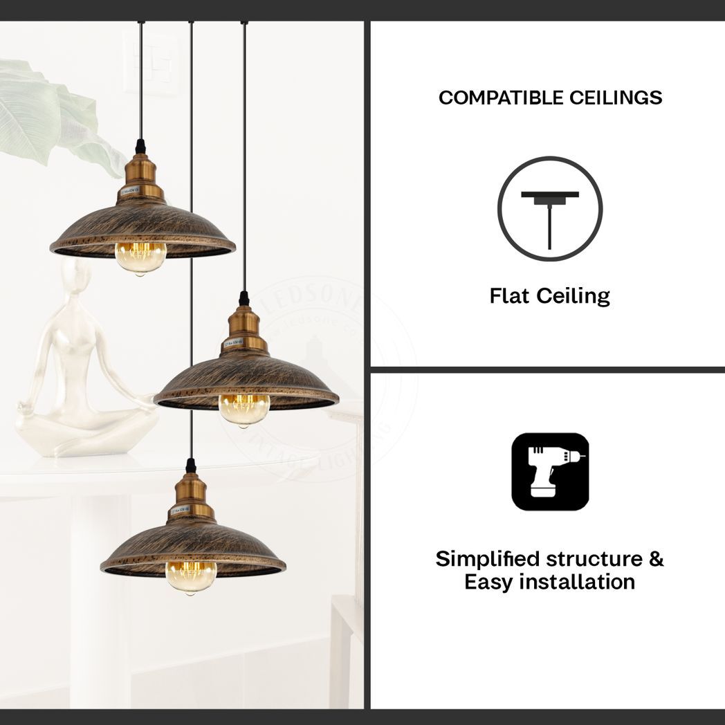 3 Head Vintage Industrial Brushed copper E27 Hanging Light Metal Pendant Lamp
