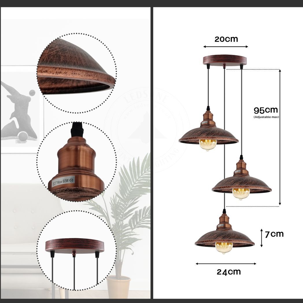 3 Head Vintage Industrial  Rustic red E27 Hanging Light Metal Pendant Lamp