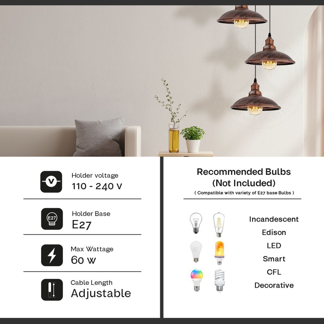 3 Head Vintage Industrial  Rustic red E27 Hanging Light Metal Pendant Lamp