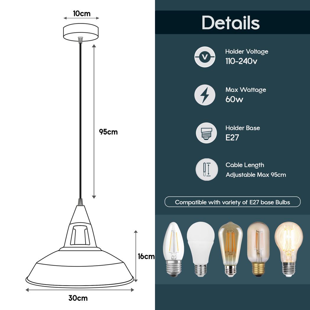 Vintage Industrial Retro Black Inner White Metal Pendant Lights UK E27 Holder