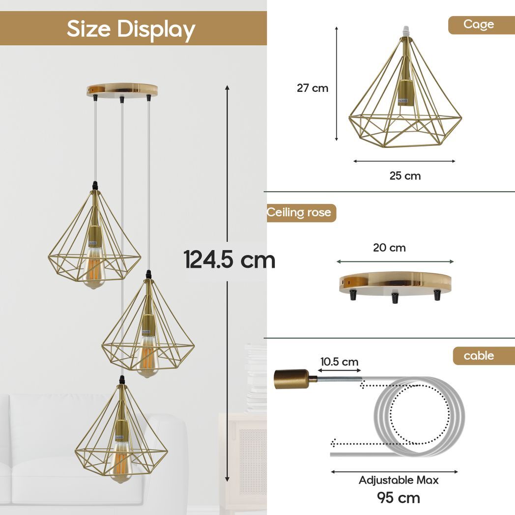 3 Head Round Base Gold Vintage Industrial E27 Ceiling Hanging Light Cage Shade Loft Style Metal Ceiling Pendant Lamp