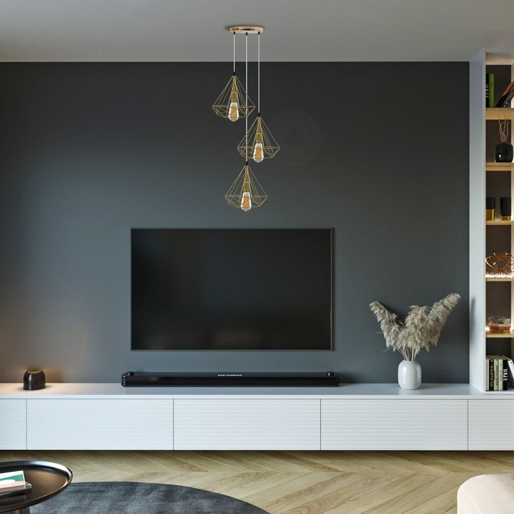 3 Head Round Base Gold Vintage Industrial E27 Ceiling Hanging Light Cage Shade Loft Style Metal Ceiling Pendant Lamp