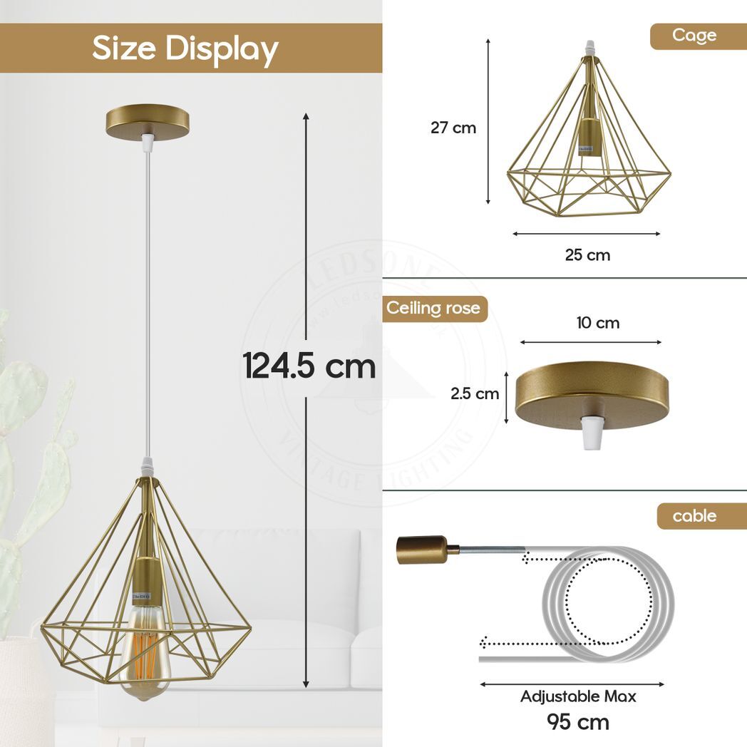 Single Gold Vintage Industrial E27 Ceiling Hanging Light Cage Shade Loft Style Metal Ceiling Pendant Lamp