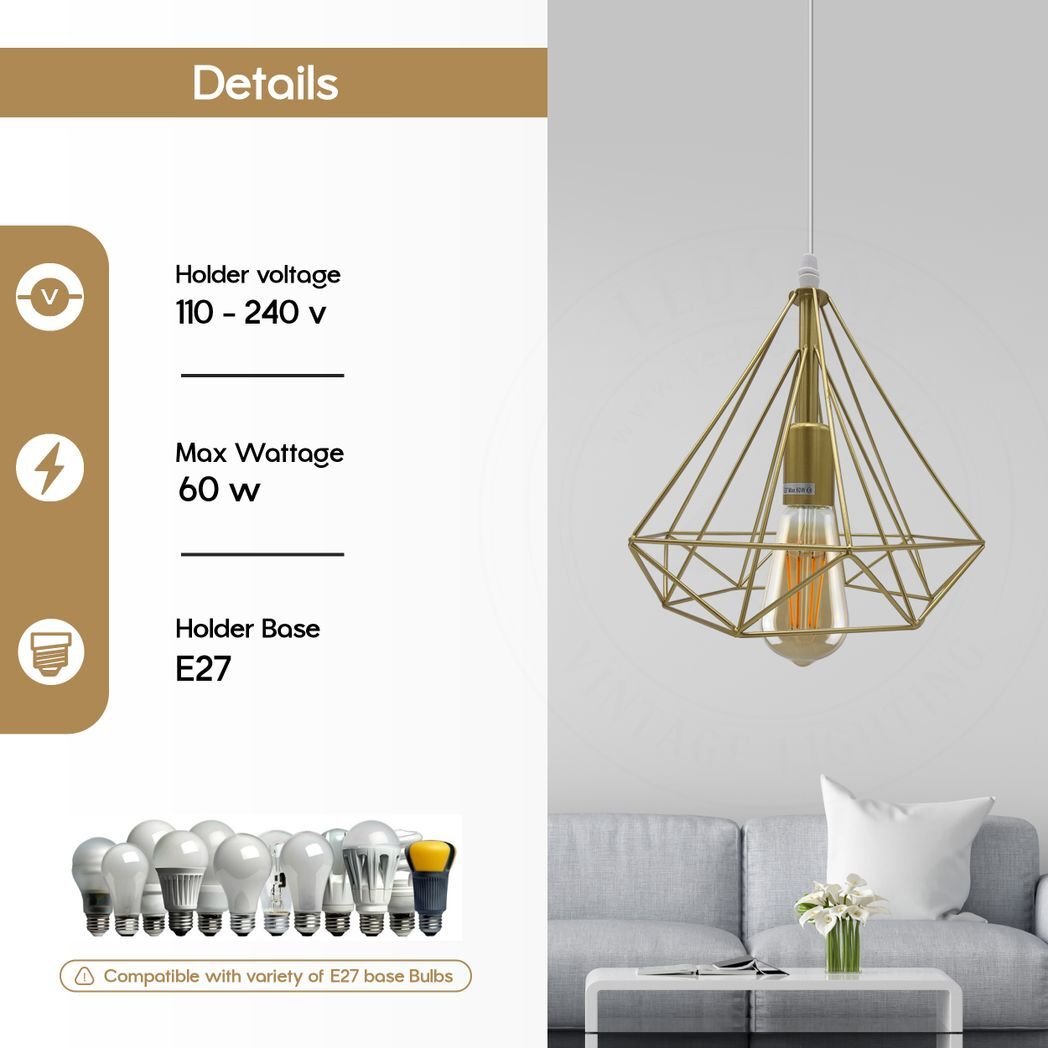 Single Gold Vintage Industrial E27 Ceiling Hanging Light Cage Shade Loft Style Metal Ceiling Pendant Lamp