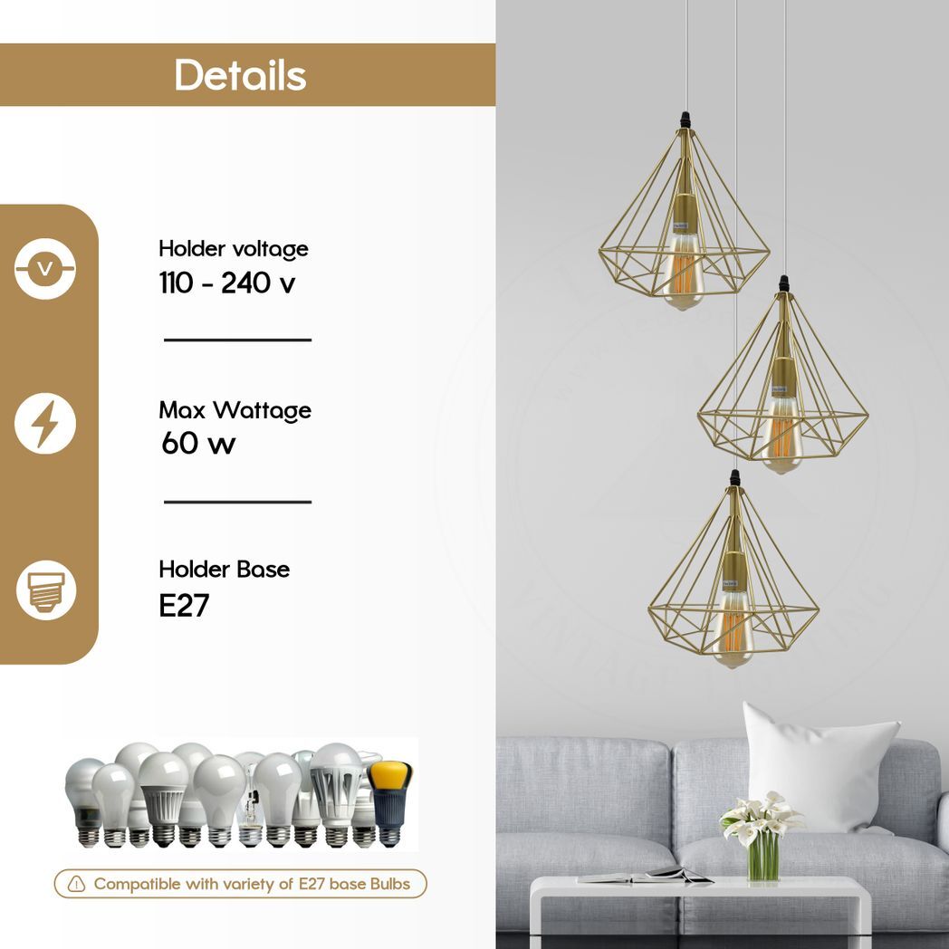 3 Head Round Base Gold Vintage Industrial E27 Ceiling Hanging Light Cage Shade Loft Style Metal Ceiling Pendant Lamp