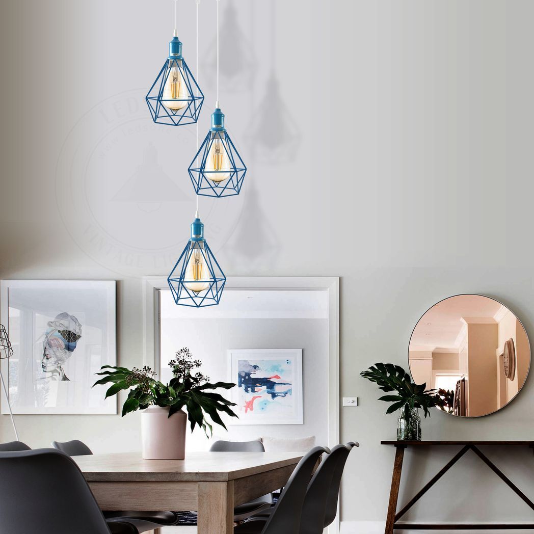 3 Head Blue pendant Industrial Ceiling Light Fitting, Metal Open Style Lamp Shade