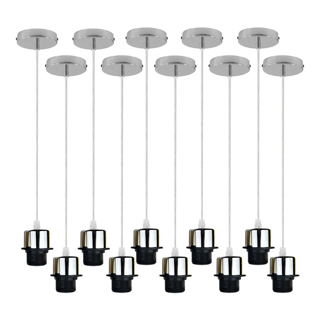 10 Pack Industrial Chrome Pendant Light, Lampshade Addable E27 Lamp Holder Light, E27 UK Holder Set With PVC Cable.