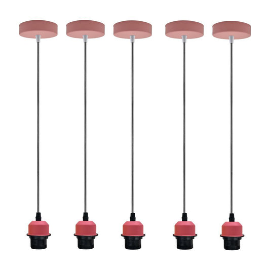 5 Pack Industrial Pink Pendant Light, Lampshade Addable E27 Lamp Holder Light, E27 UK Holder Fitting Set With PVC Cable.