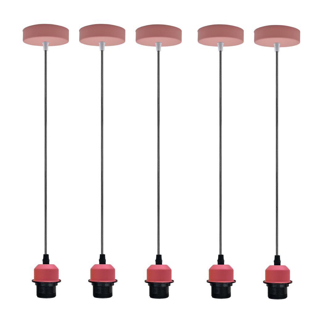 5 Pack Industrial Pink Pendant Light, Lampshade Addable E27 Lamp Holder Light, E27 UK Holder Fitting Set With PVC Cable.