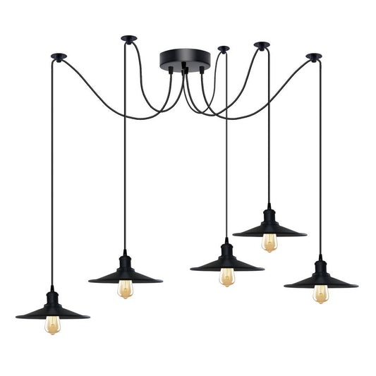 Black Vintage 5 Head Cone shaped shade Ceiling Pendant Light Fitting with Adjustable Cord Hanging Light Fixture