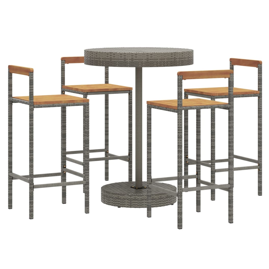 5 Piece Garden Bar Set Grey Poly Rattan&Solid Wood Acacia