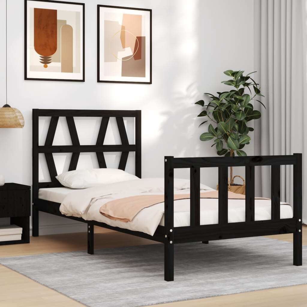 Bed Frame with Headboard Black Small Single Solid Wood