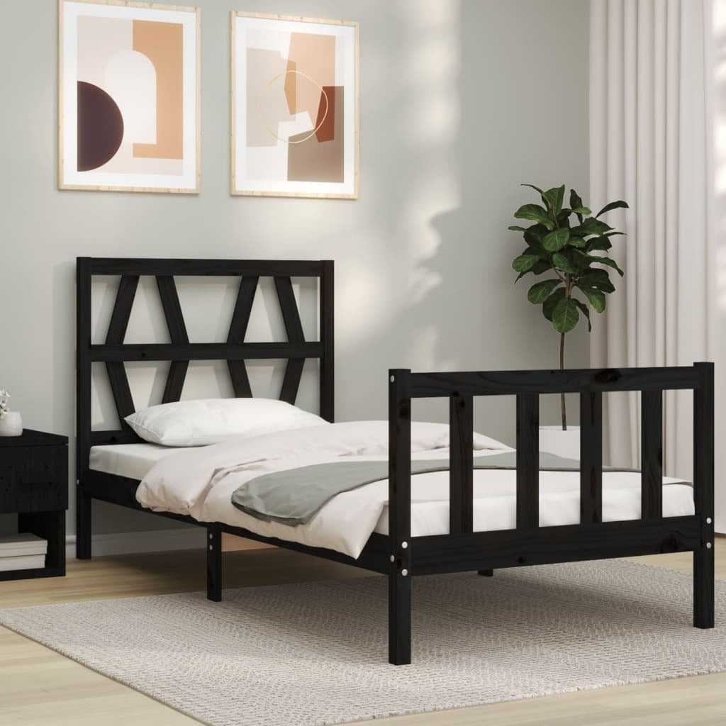 Bed Frame with Headboard Black Small Single Solid Wood