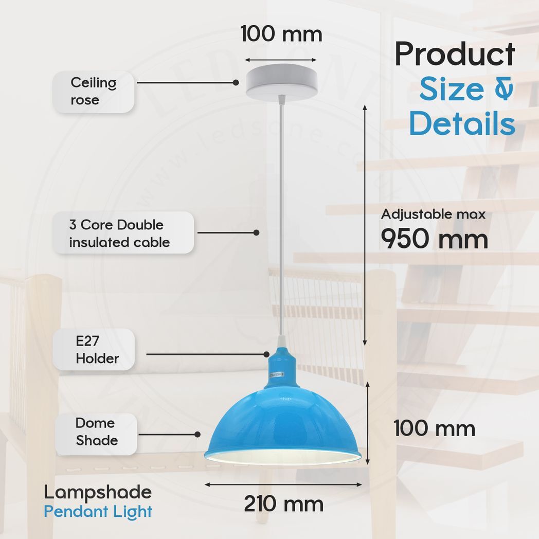 2Pack Dome Shaped Blue Loft Style Sturdy Metal Lamp Shade Pendant Lights 21cm Bottom Spray Painted  Finish Inner White