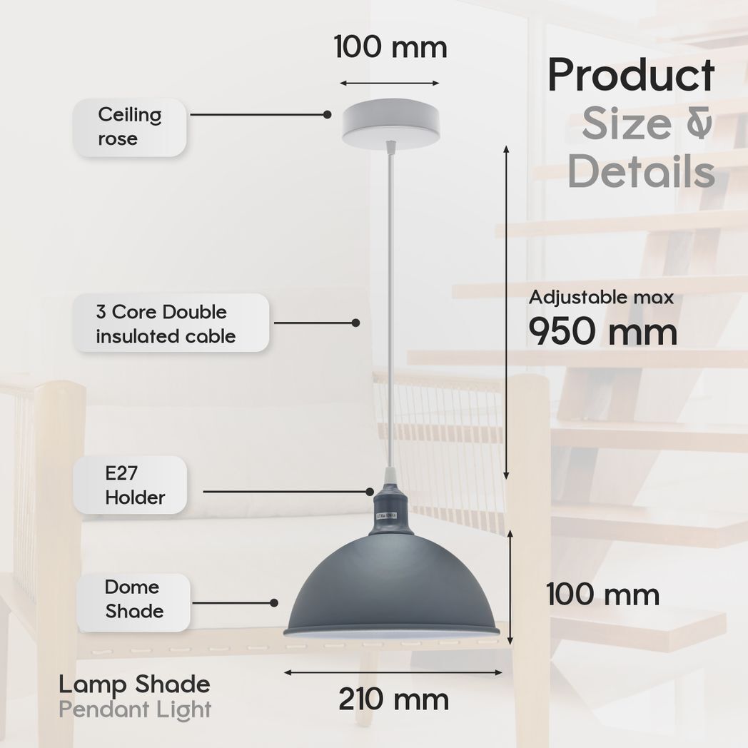2Pack Dome Shaped Grey Loft Style Sturdy Metal Ceiling Lamp Shade Pendant Lights 21cm Bottom Spray  Finish Inner White