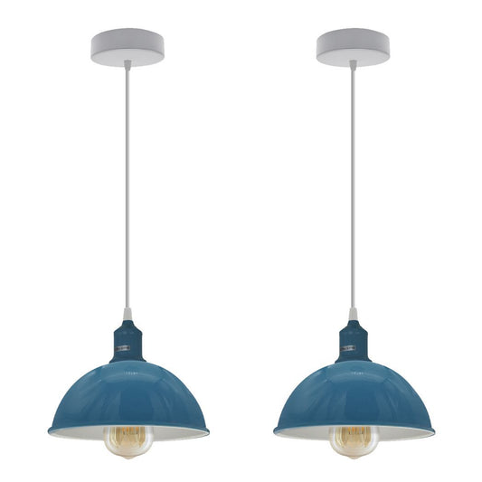 2Pack Dome Shaped  Cyan Blue Loft Sturdy Metal Lamp Shade Pendant Light 21cm Bottom Spray Painted Finish Inner White