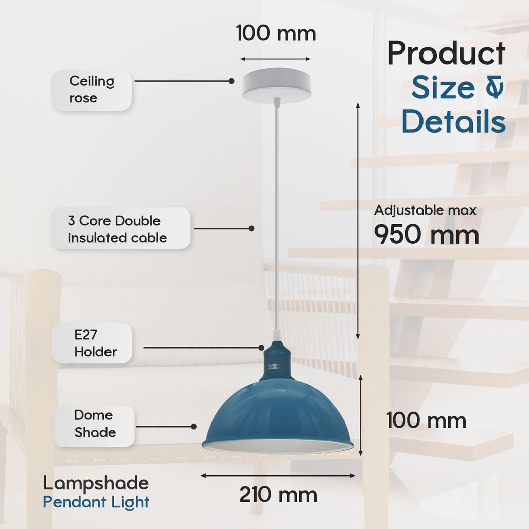 2Pack Dome Shaped  Cyan Blue Loft Sturdy Metal Lamp Shade Pendant Light 21cm Bottom Spray Painted Finish Inner White