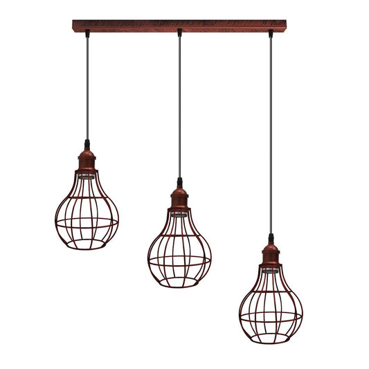 Vintage  Rustic Red 3 Head Reactangle Base Pendant Light Cord Light E27 Base Metal Brushed Fitting Vase Cage Lamp Shade