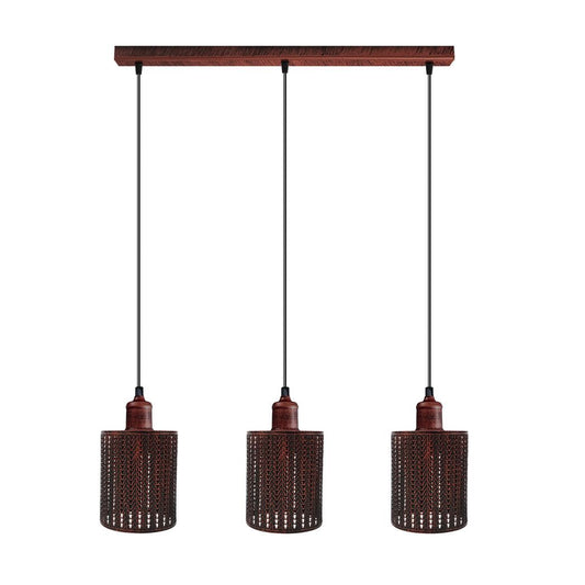 Vintage Industrial Rustic Red 3 Head Reactangle Pendant Cord E27 Base Metal Brushed Light Fitting Barel Cage Lamp Shade